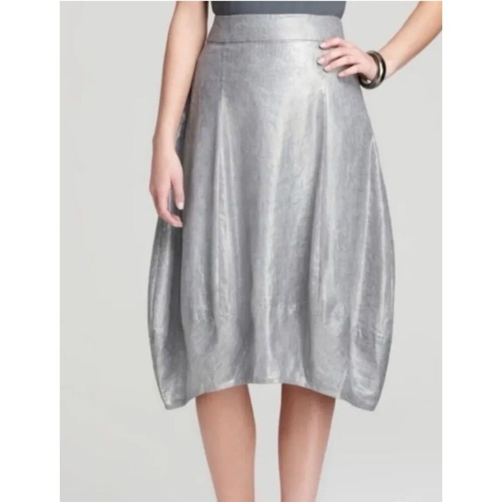 Eileen Fisher Balloon Lantern Hem Skirt Linen Blend Metallic Silver Gray Women M